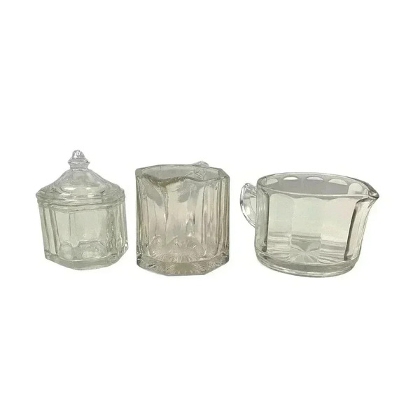 VTG 3 Pc Clear Glass Cup Small Pitcher Jar with Lid Avon Crystal - Picture 1 of 16
